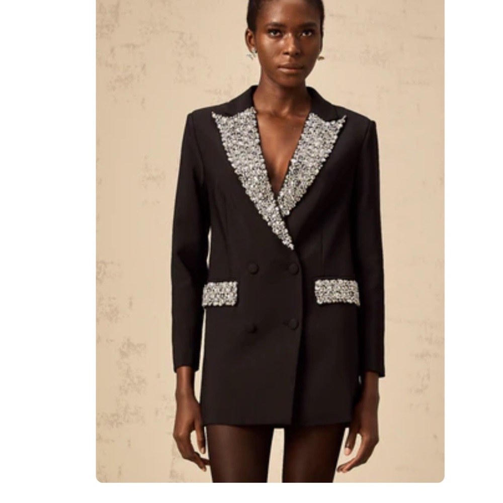 Embellished Black Double-Breasted Blazer